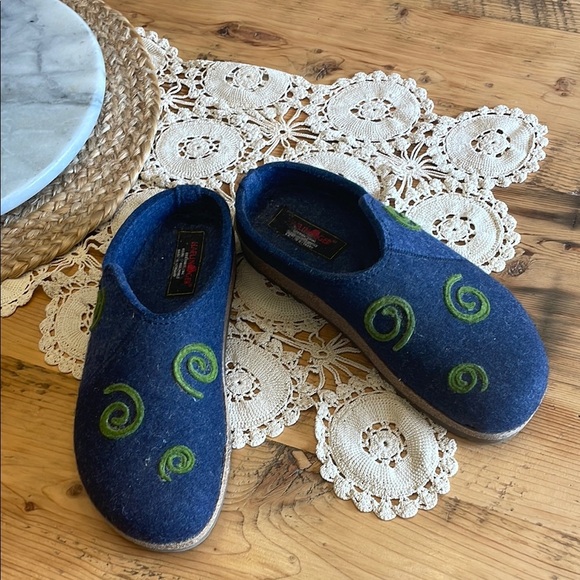 Haflinger Blue and Green Felt Mules with Artistic Swirl Design - Picture 1 of 13